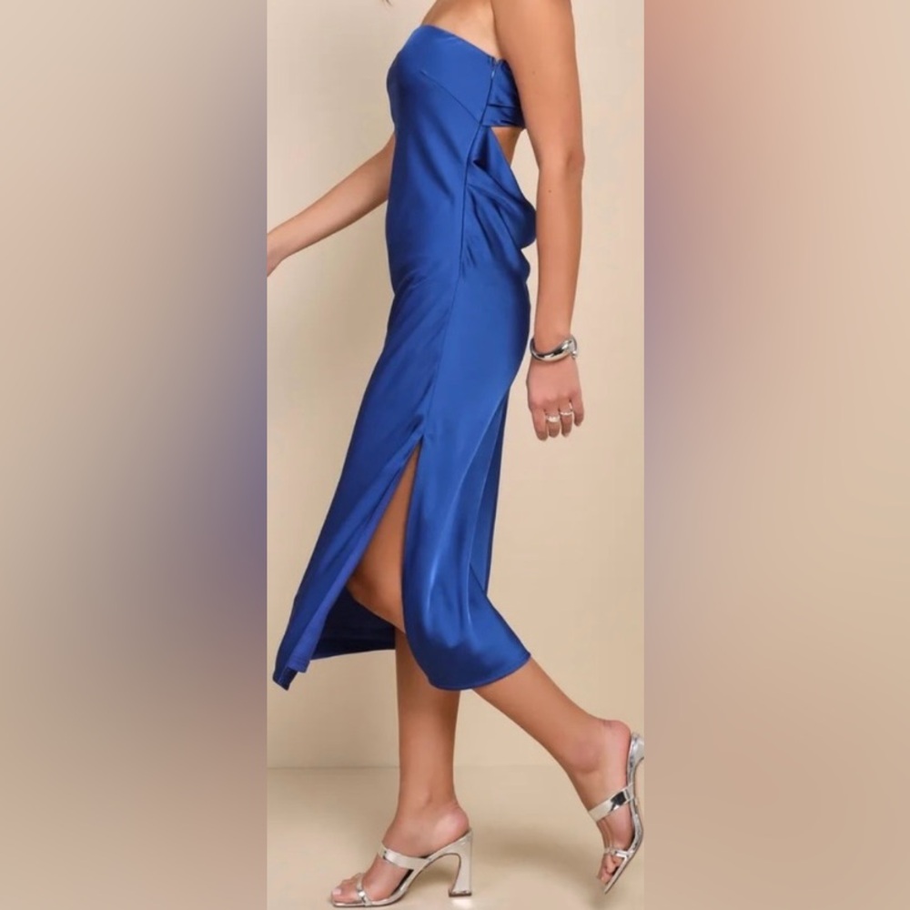Lulu’s Effortless Bliss Royal Blue Satin Strapless Cowl Back Midi Dress NWT🌴
